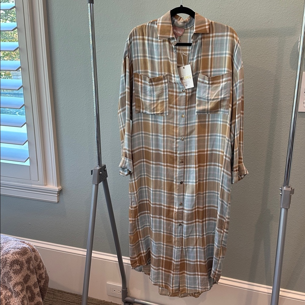Show Me Your MuMu Plaid Maxi Dress in Tan and Blue